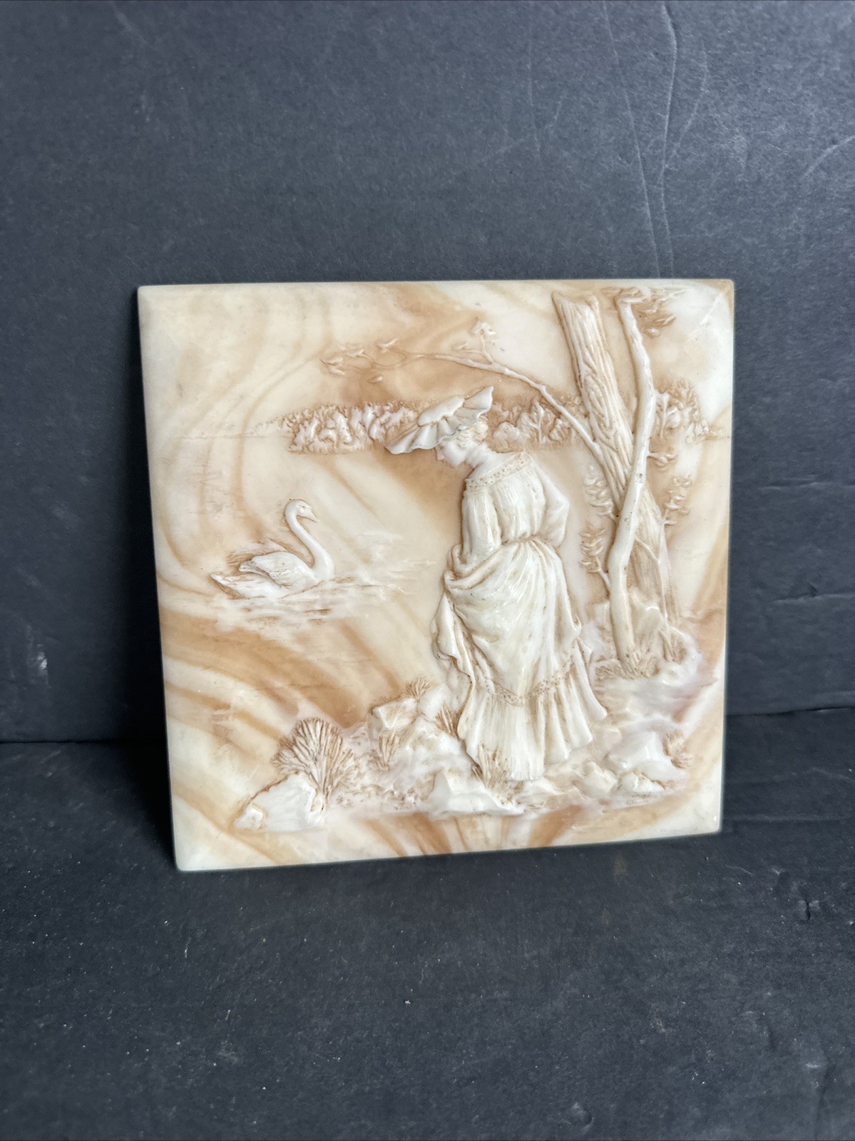 Vintage Cameo Style Relief Plaque Woman Swan Wall Tile 6×6 Decor #R77