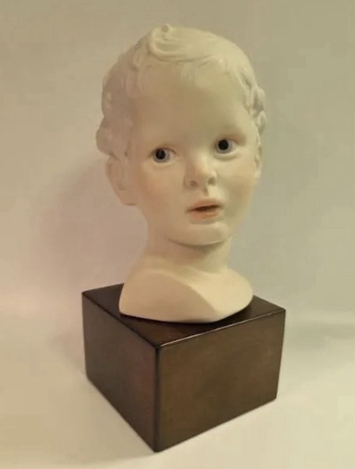Eros & Psyche Child Bust Figurines Pair Hand Painted Ceramic on Wooden Bases