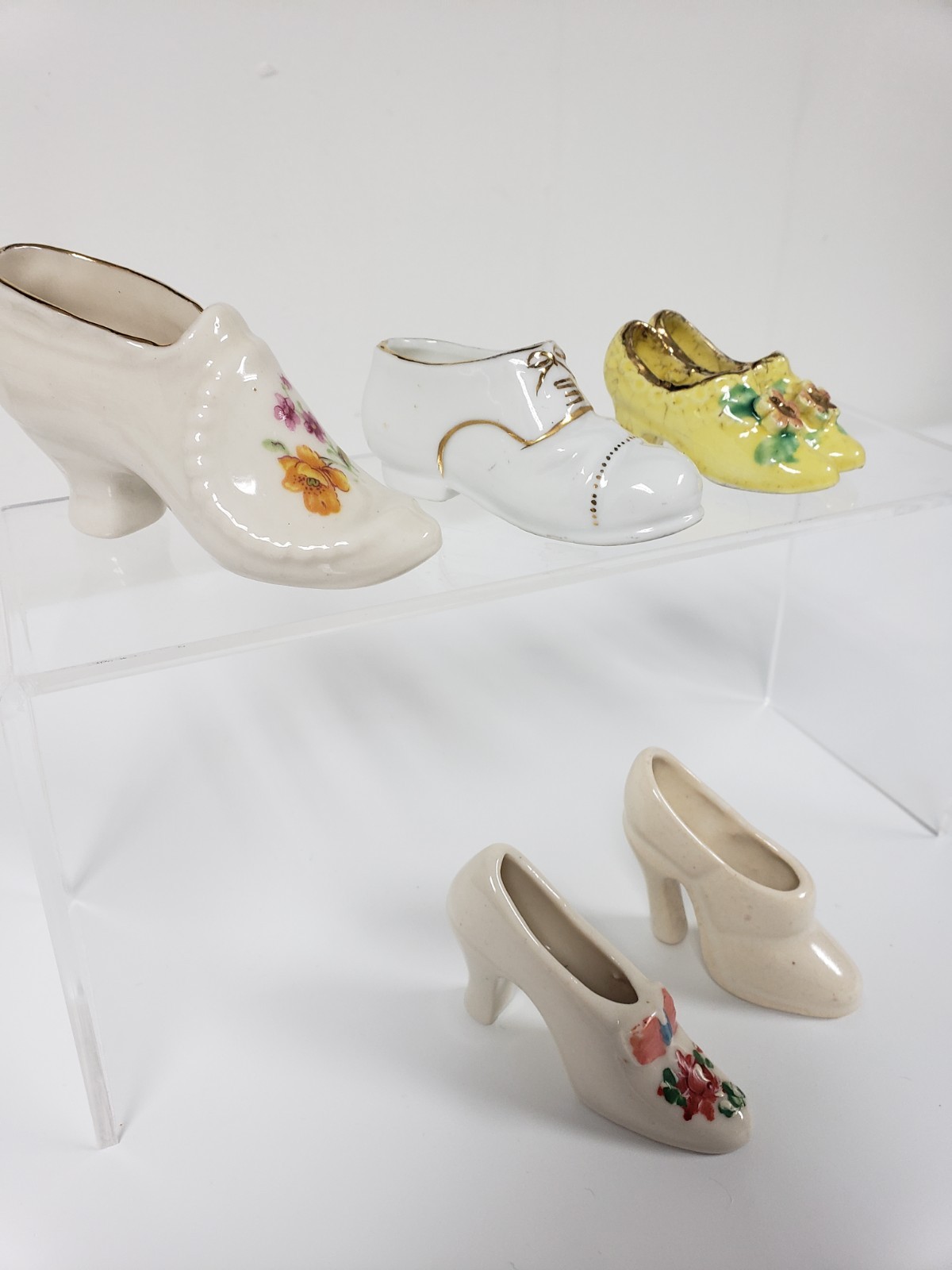 5 Vintage Porcelain Shoe figurines 2.5- 4in long floral ornate Japan decor lot