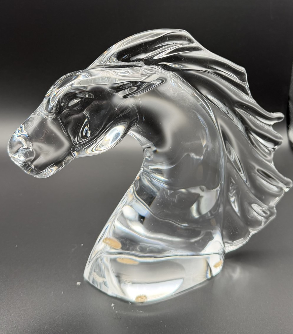 DAUM FRANCE Crystal Horse Head Sculpture Signed Art Glass Large 10″ Vintage