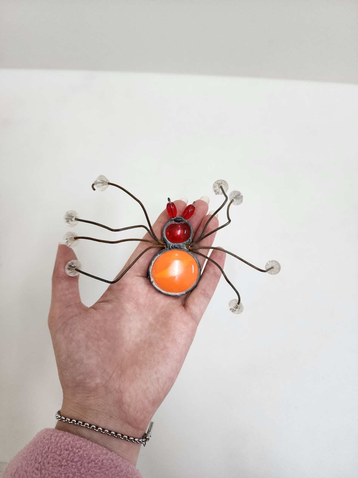 Handcrafted Stained Glass Spider Figurine Wire Legs Orange Red Insect Sculpture