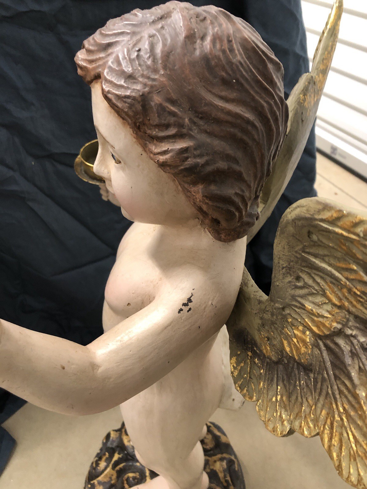 Large Vintage 28” Italian Cherub Putti Angel Composite Stands On Floral Base