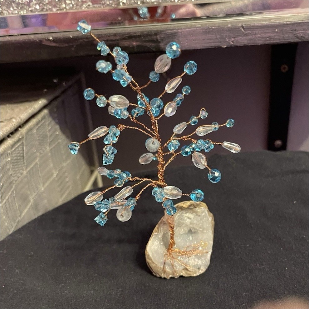 Handmade Wire Crystal Gemstone Tree Figurine Blue Clear Copper Beige Stone