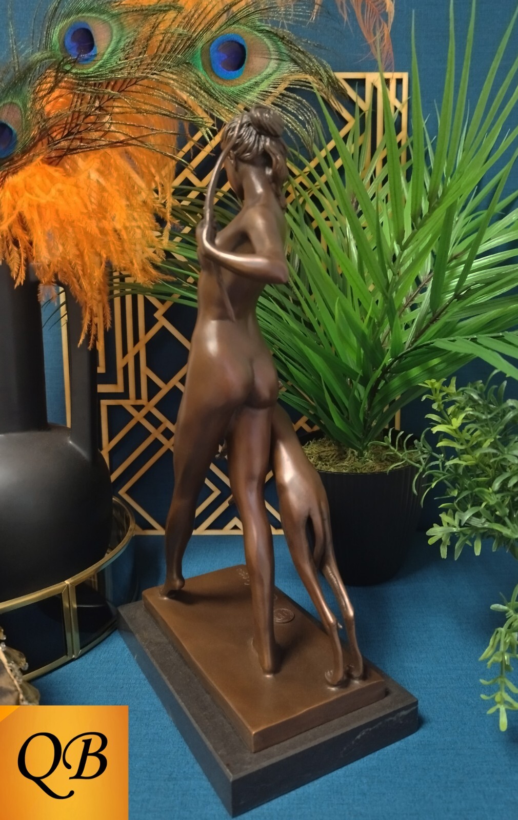 BRONZE FIGURINE DIANA & HOUND ART DECO SCULPTURE HUNTRESS STATUE NUDE FIGURE LP