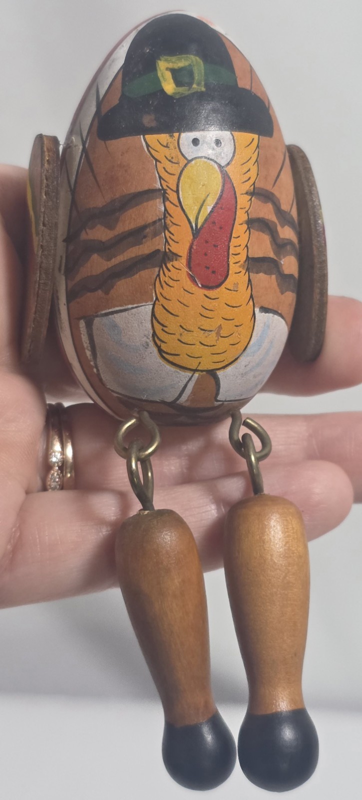 Vintage Wooden Turkey With Pilgrim Hat Egg Figurine Shelf Sitter 4″