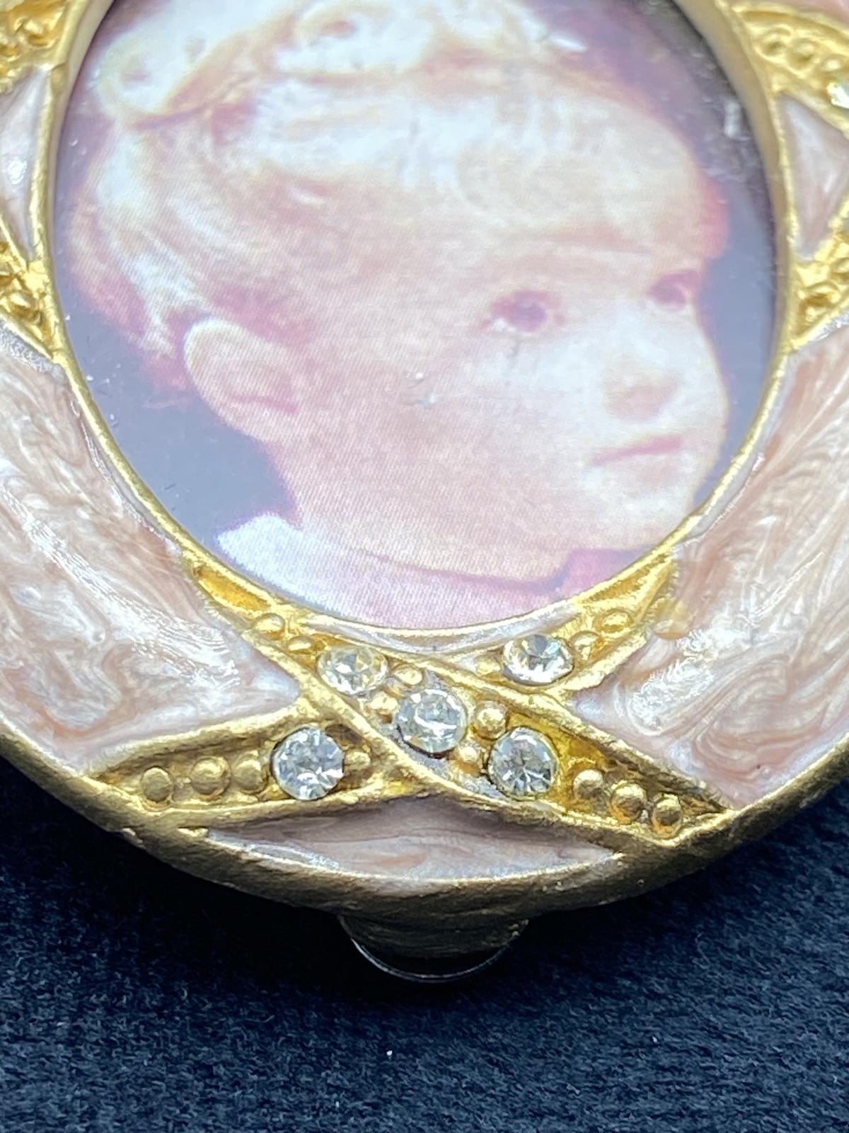 Vintage Victorian Portrait Ornament Gold Oval Bow Chain Crystals 1990s Decor