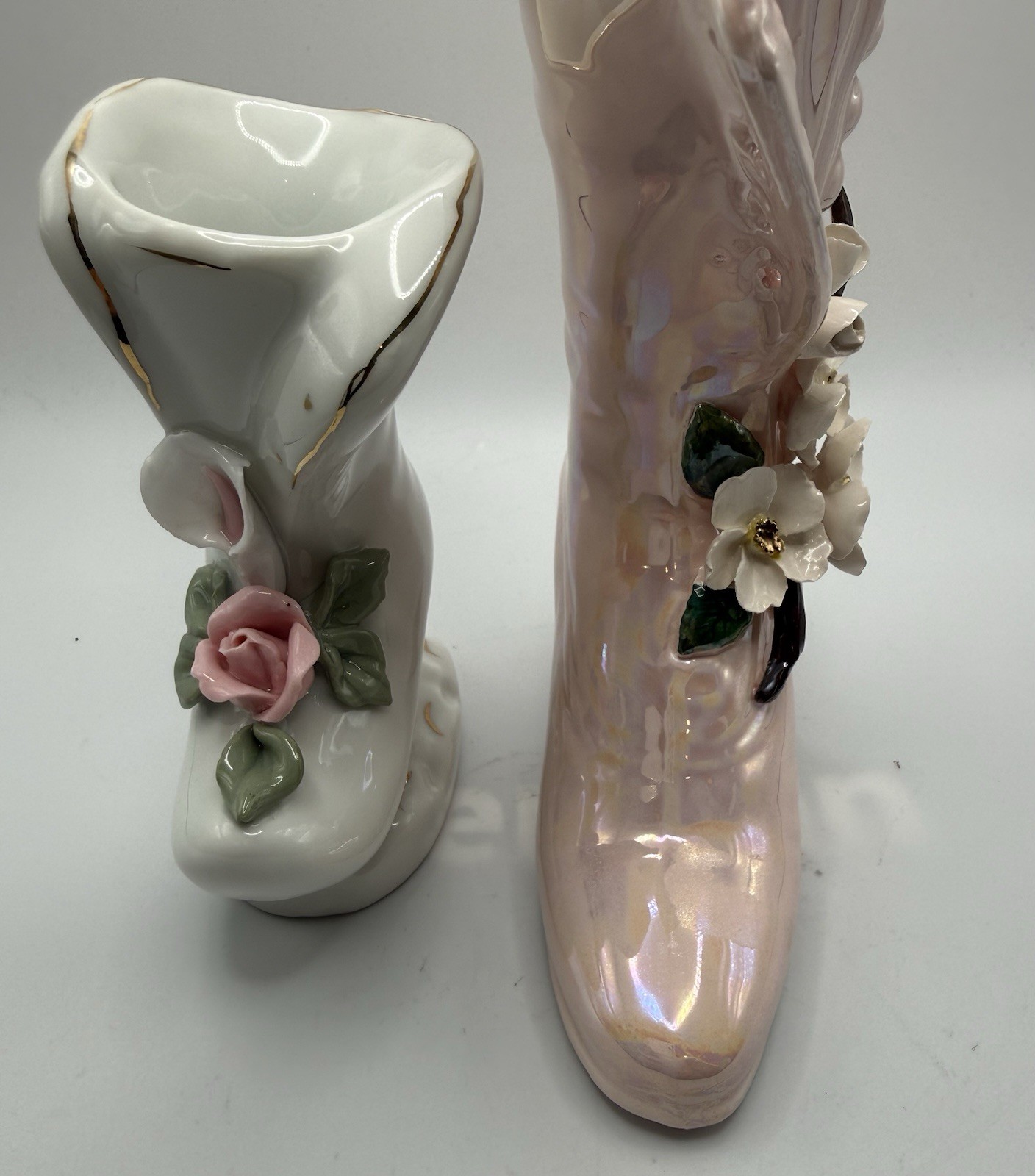 Vintage Porcelain Victorian Style Shoe Figurines W Attached Flowers Set Of 2