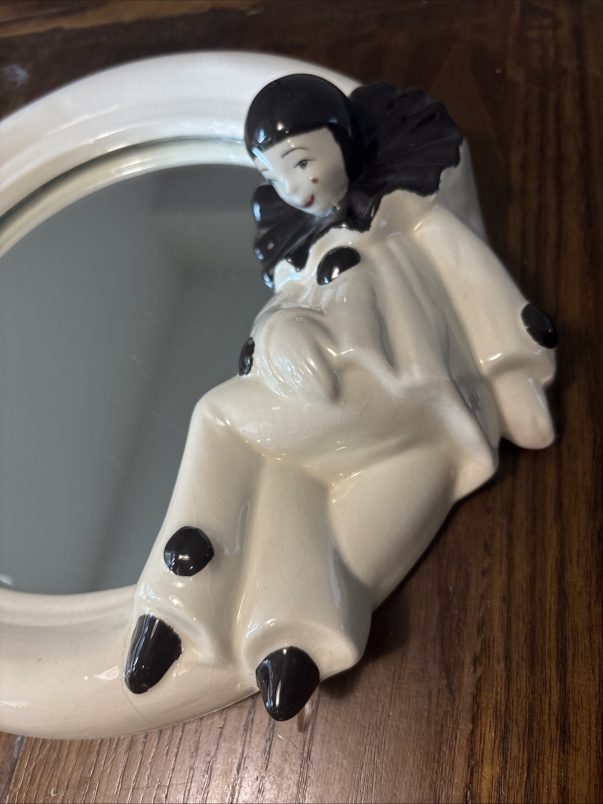 🎭 Vintage Pierrot Clown Wall Mirror 10.5″ Black & White Ceramic Hanging Mirror