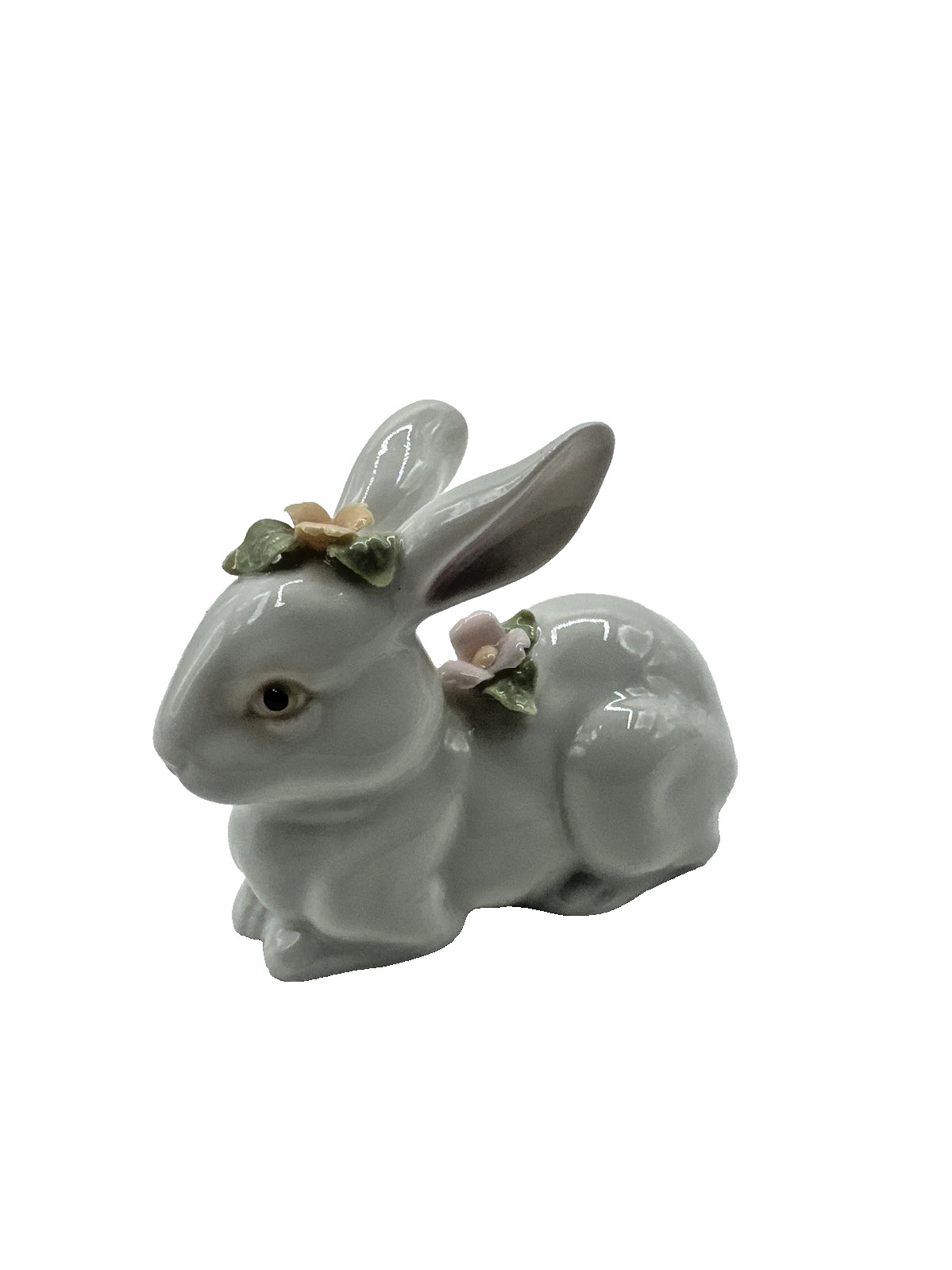 Vintage White Porcelain Bunny Rabbit Figurine w/ Pink Flowers Easter Spring Deco