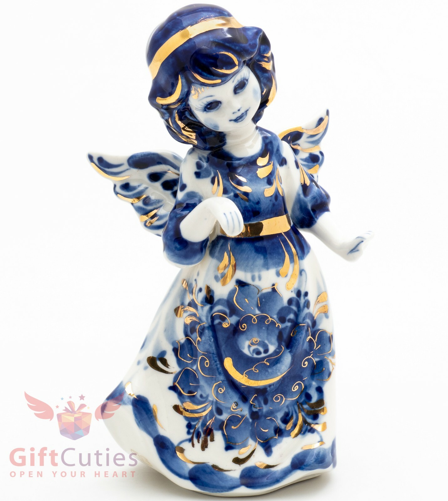 Porcelain Gzhel HandMade Figurine of Beautiful Angel girl in gold