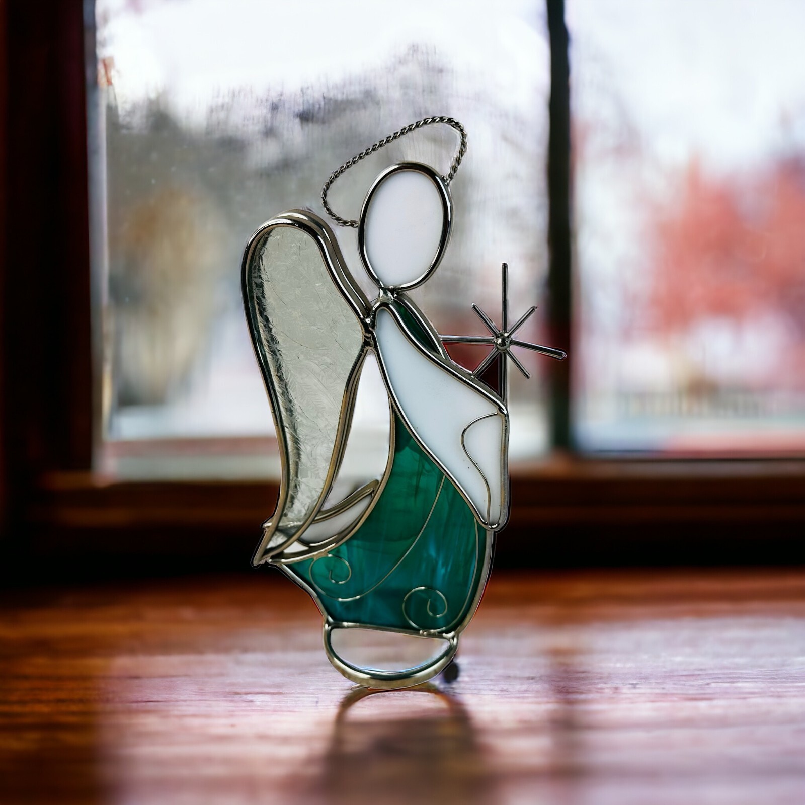 stained glass & metal angel w star blue & white free standing Christmas 8.5″H