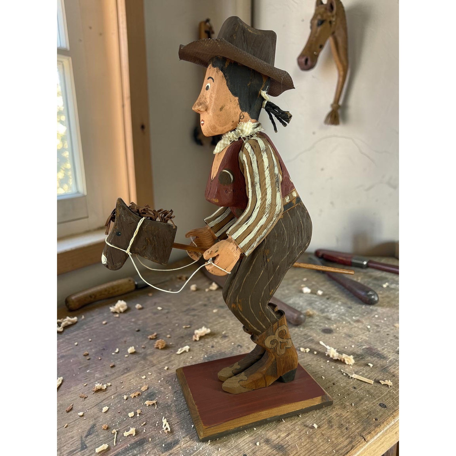 Hand Carved Cowgirl Folk Art Sculpture | One of a Kind Signed Wood Carving |