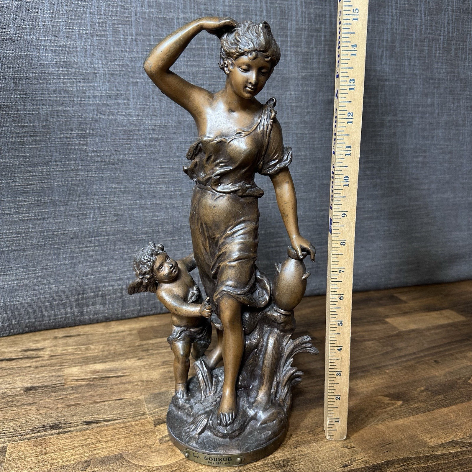 Vintage 15” Cast Spelter Figure- Woman & Cherub Signed Classic Bronze Style