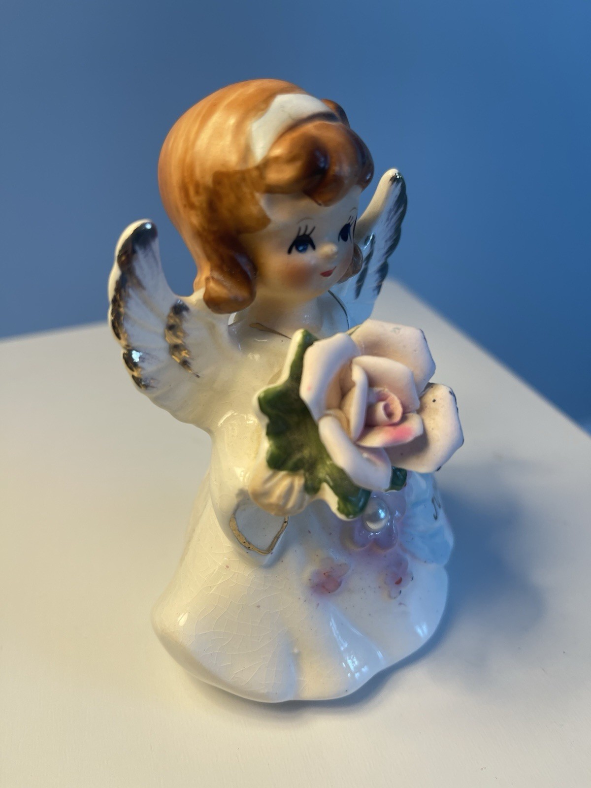 Lefton June Birthday Angel Figurine 6224 w/ Pearl Pink Rose Japan