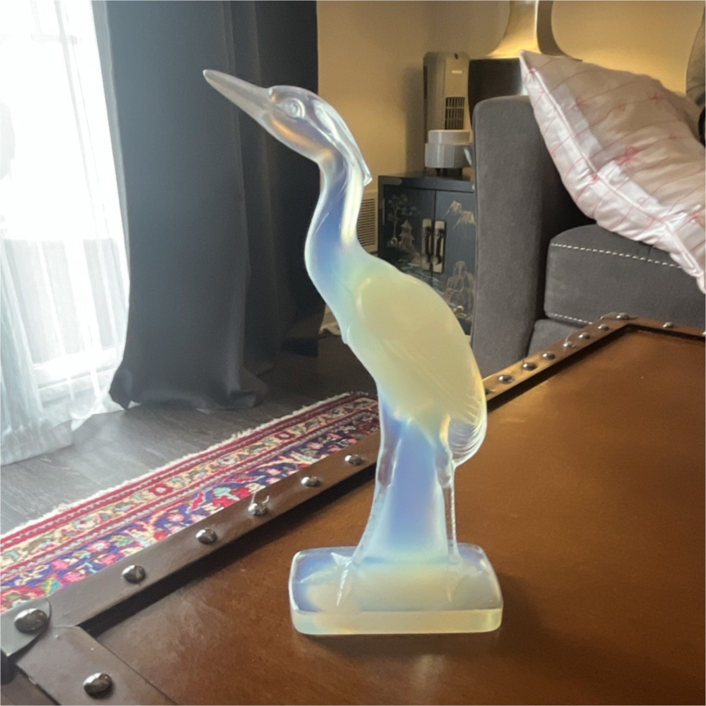Sabino Opalescent Glass Heron Figurine Sculpture Blue and Pink Color Scheme