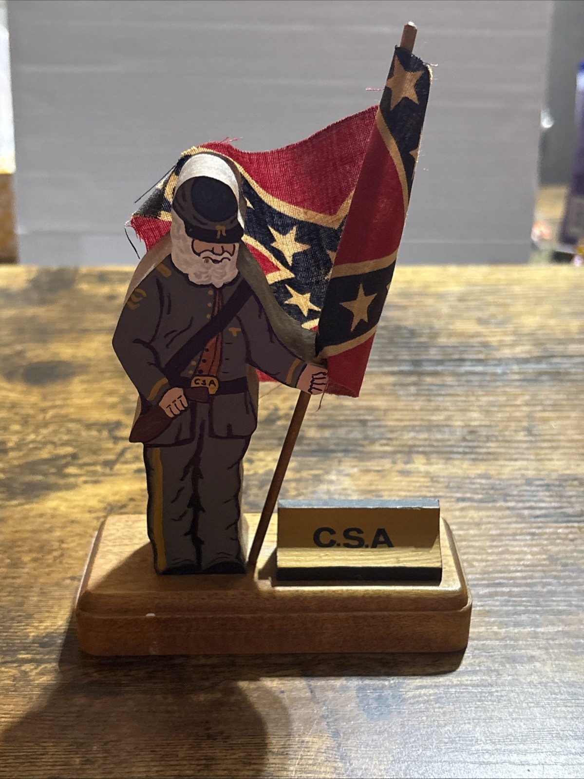 Vintage 80’s Hand Carved Wooden Folk Art Soldier With Flag 5.5″