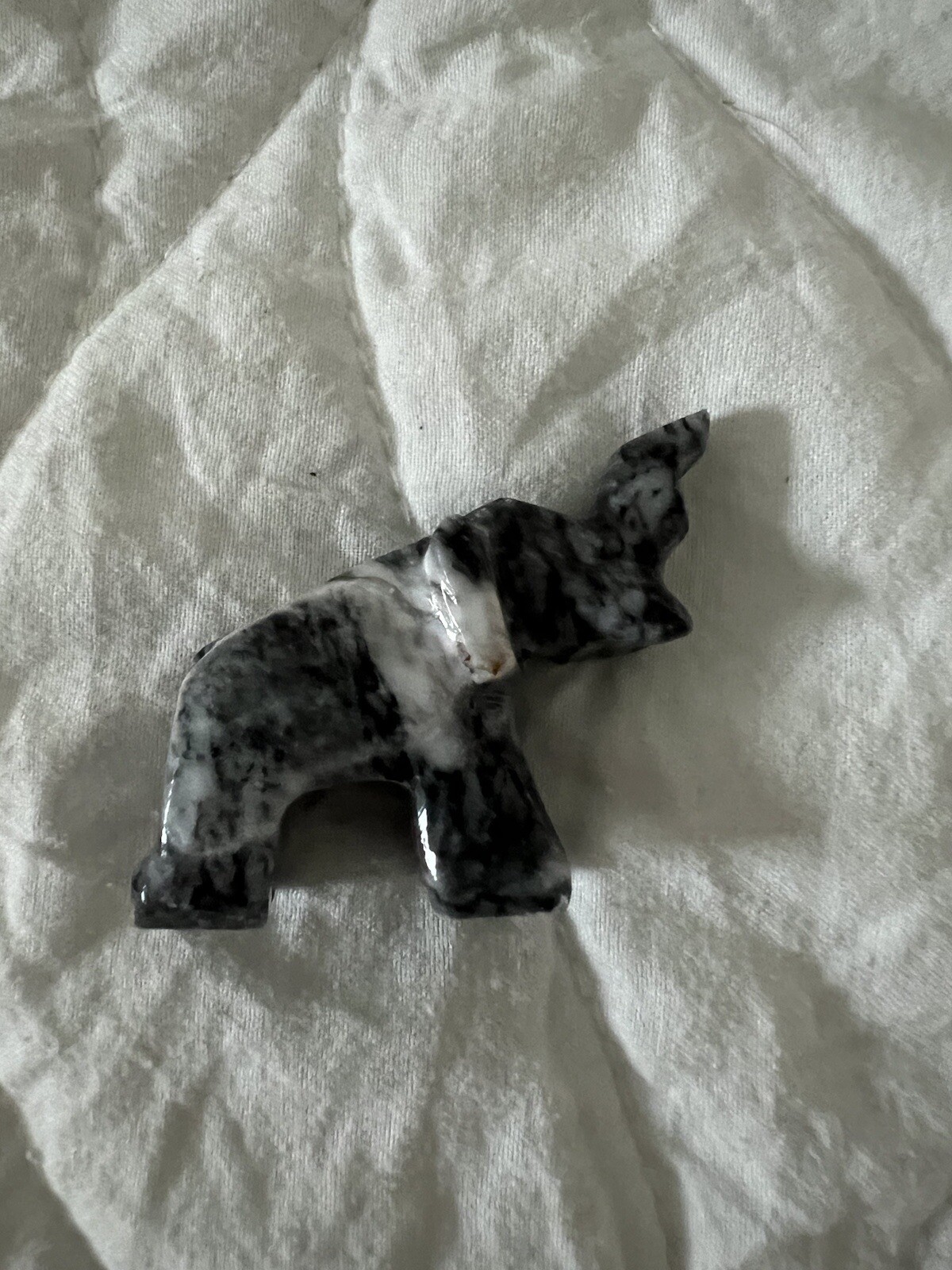 Vintage Raised Trunk Elephant Figurine Carved Marble Onyx Stone Black Gray