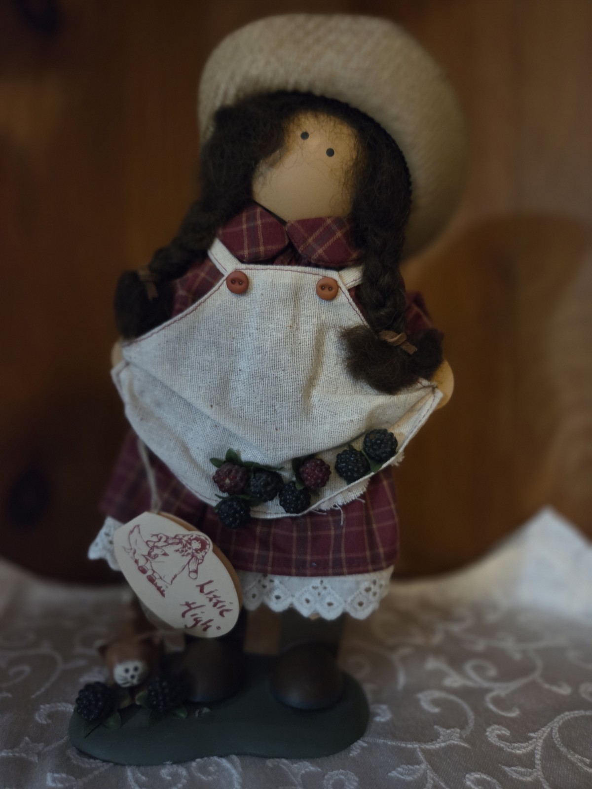 Kissie High Country Girl Figurine Straw Hat Red Plaid Dress Bear Decorative