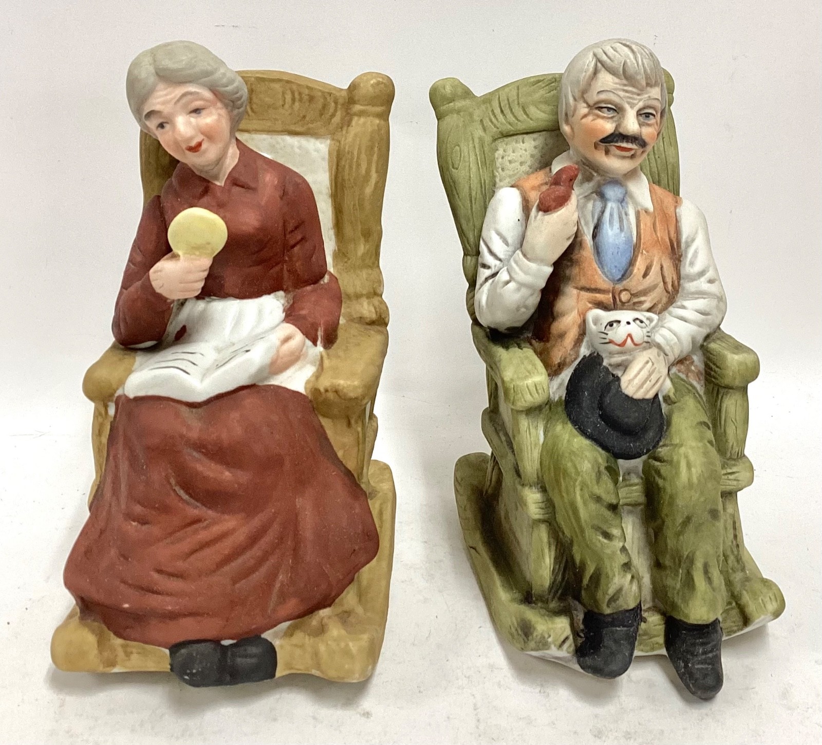Set of 2 Vintage Ceramic Old Man & Old Woman in Rocking Chair Figures