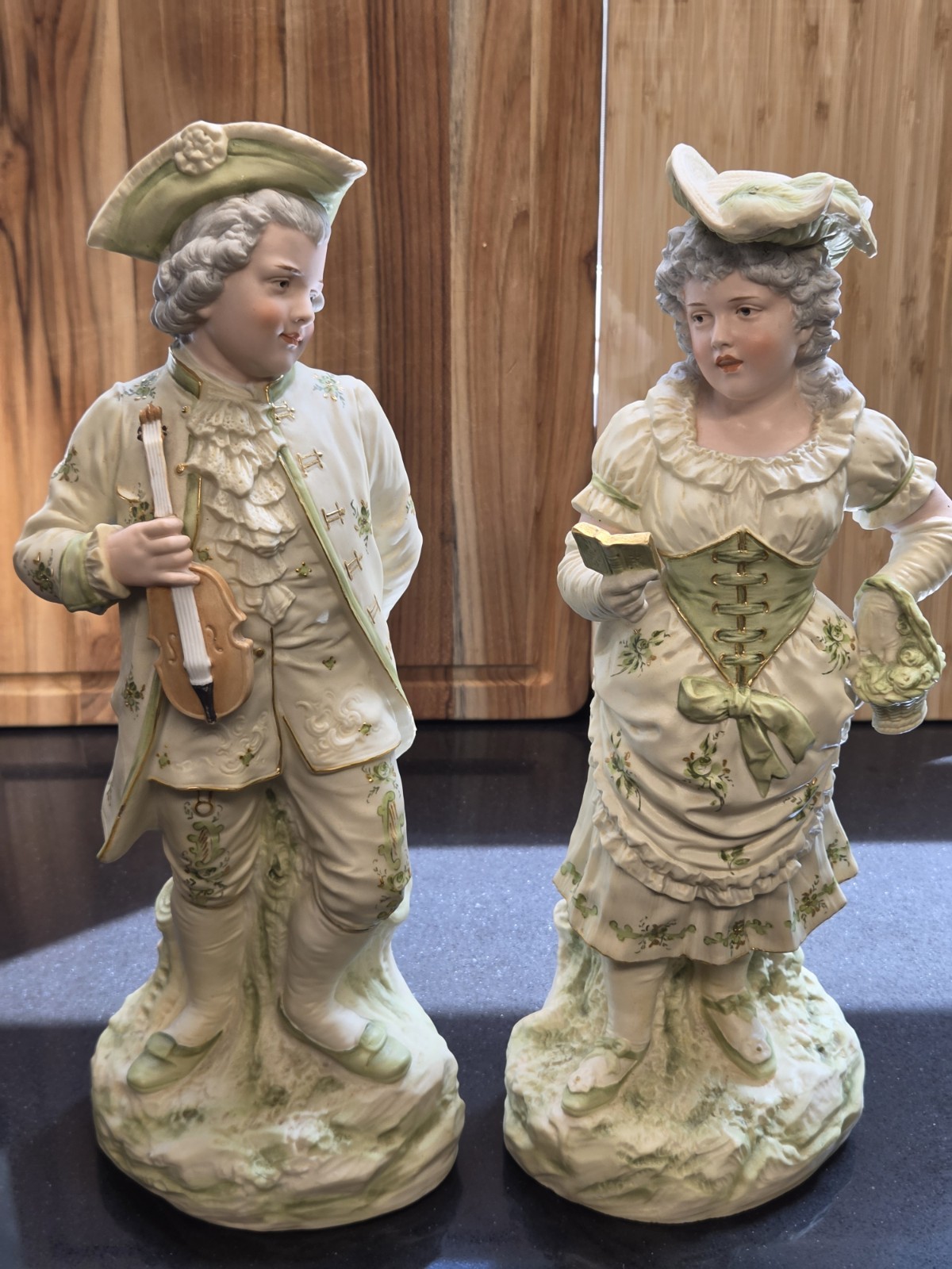 Antique German Bisque Figurine Pair 14″ Courtly Couple Violin Book Heubach Style