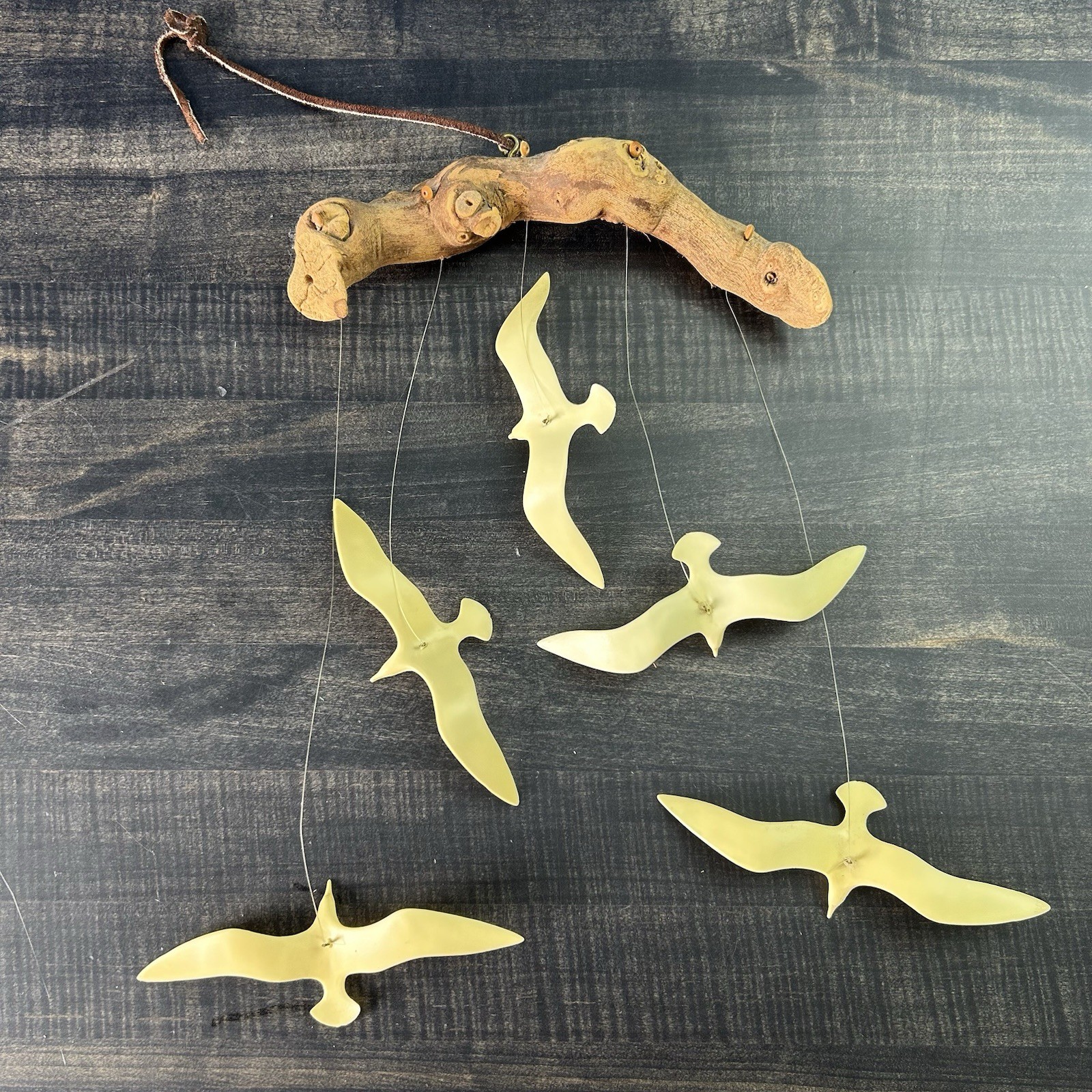 Vintage MCM Kinetic Seagull Mobile Driftwood Molded Plastic Birds Coastal Sea