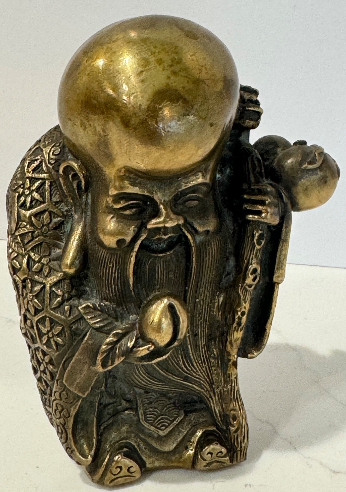 CHINA BRASS BRONZE GILT SHOU LAO SHOU XING IMMORTAL GOD OF LONGEVITY 5″ STATUE