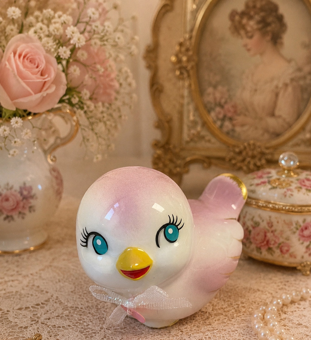 Love Bird Ceramic Anthropomorphic Figurine Blue Eyes Bow Pink Heart Retro Vibe