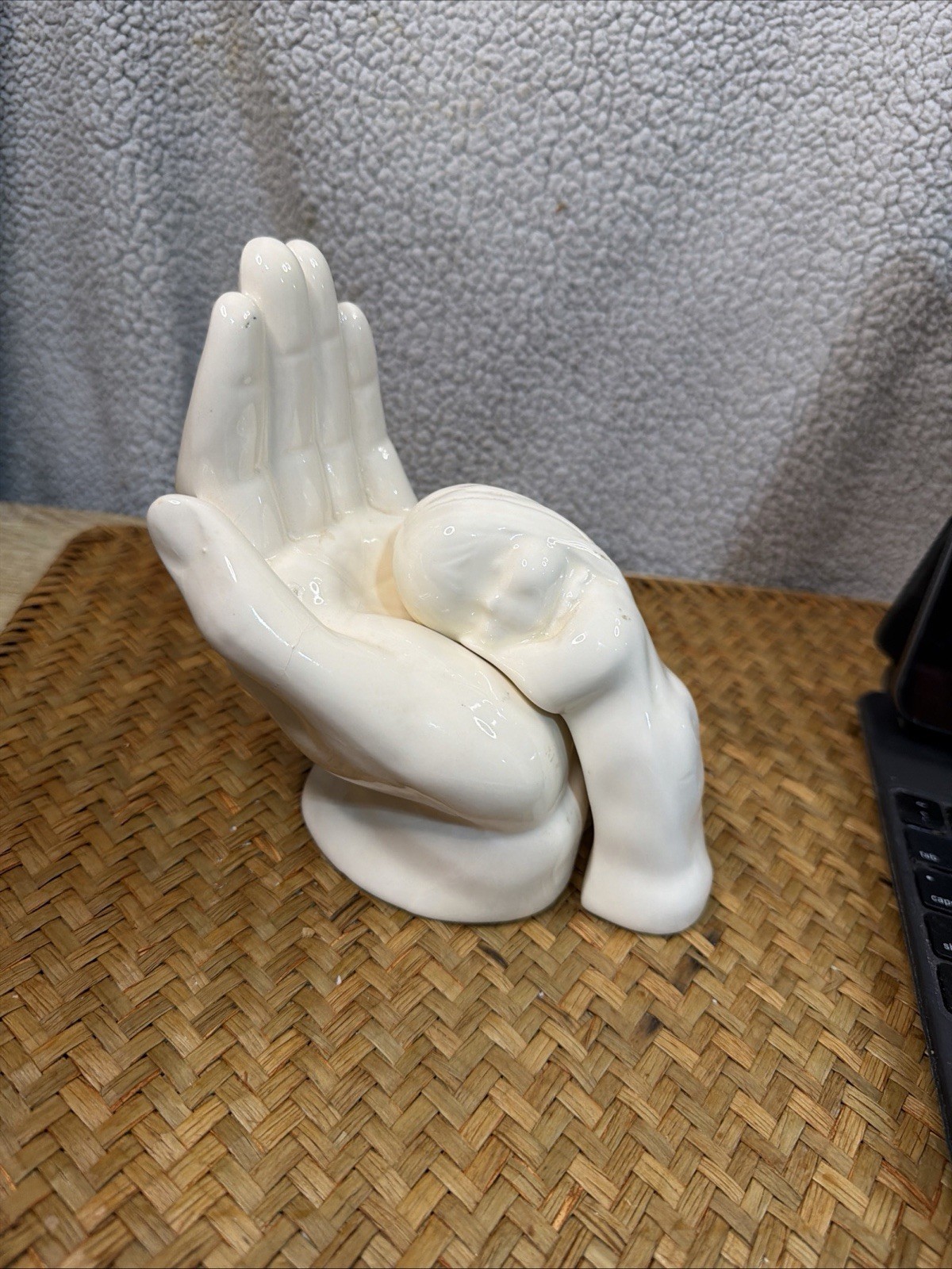 Vintage Ceramic Girl In The Hand Of God Figurine Signed MUBALLES 88 ￼