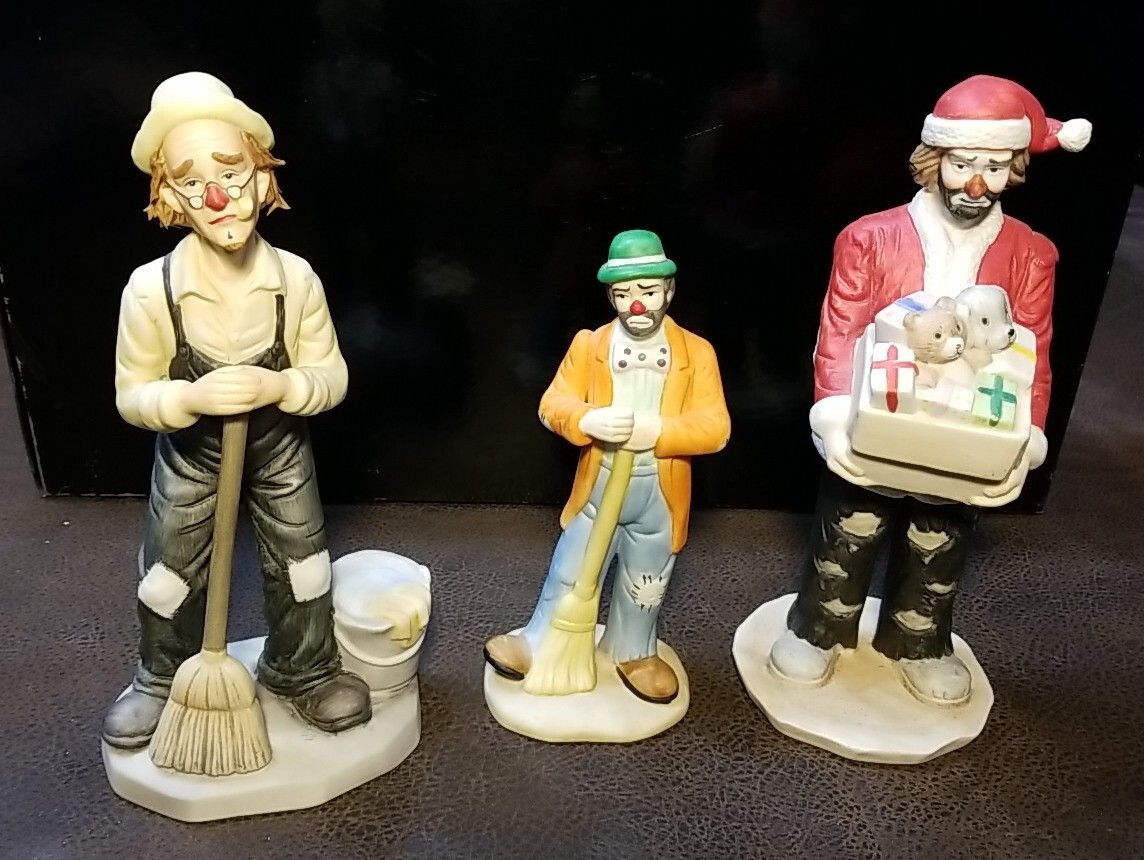 Vintage Flambro Clown Figurines Emmett Kelly Jr, Circus World Hobo Art Lot of 3