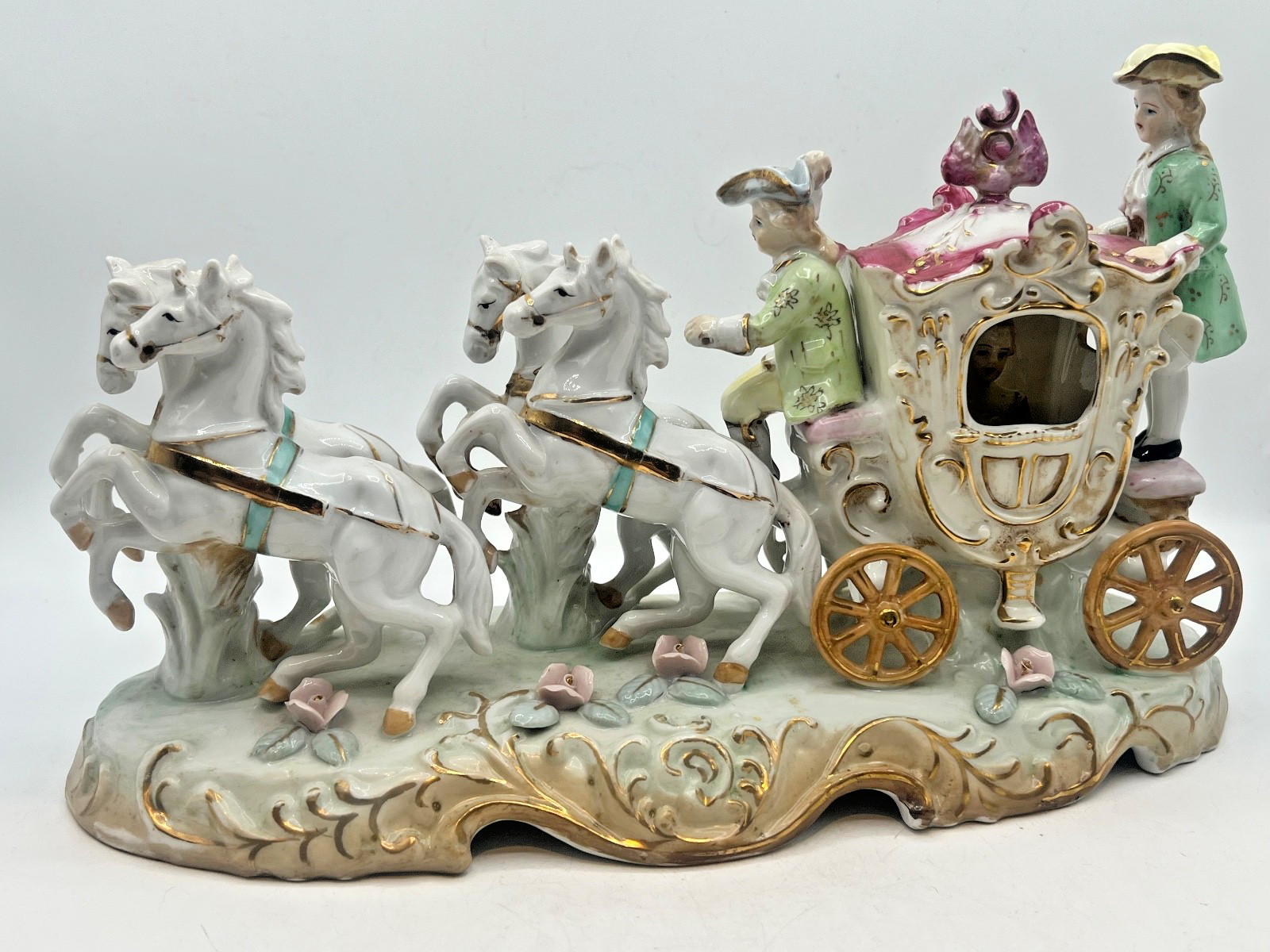 Vintage 1950s Victorian Horse and Carriage Porcelain Ceramic Figure White Gold