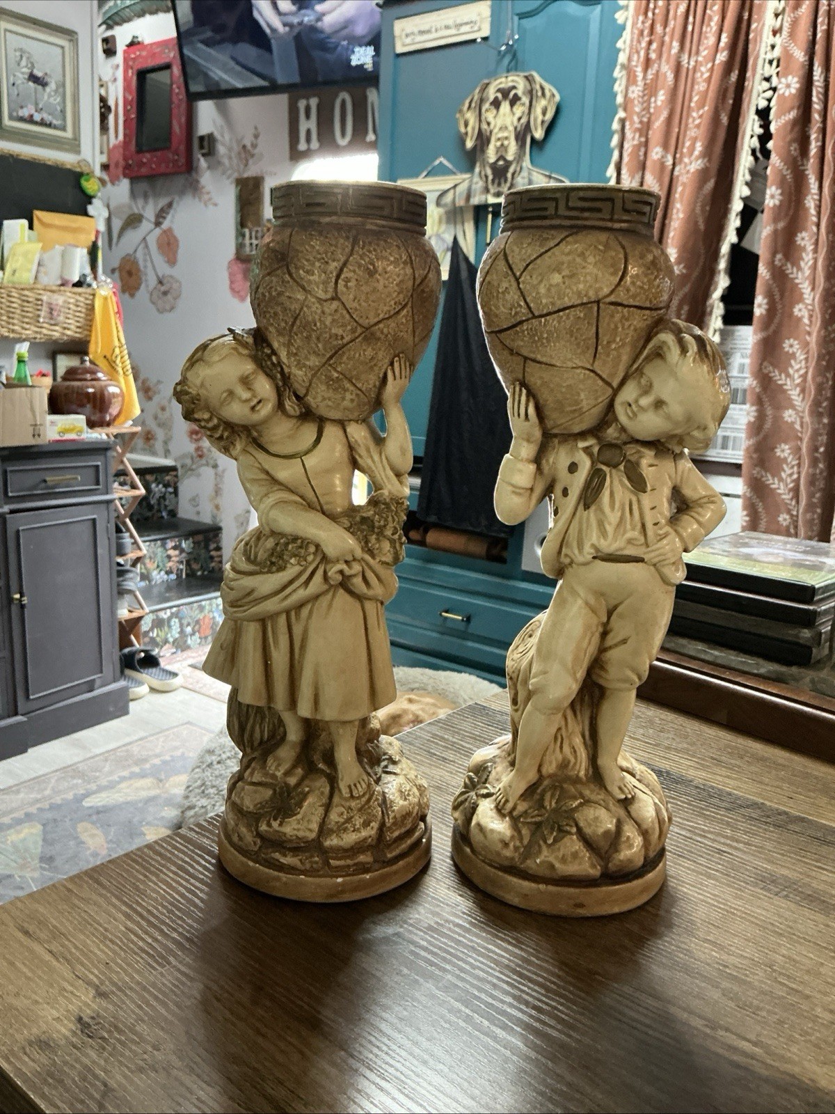 Vintage pair Marwal IND INC Boy Girl Baskets Chalkware Figure Statue Maximalist