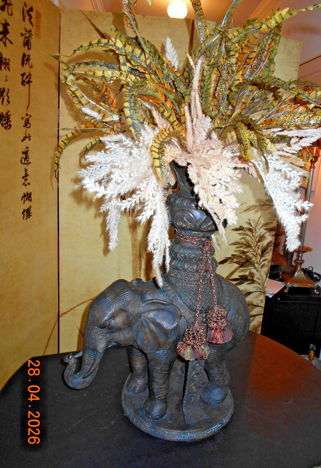 Exquisite Mailand Smith Bronze Elephant Sculpture/Vase w/ Silk Foliage 33″ tall