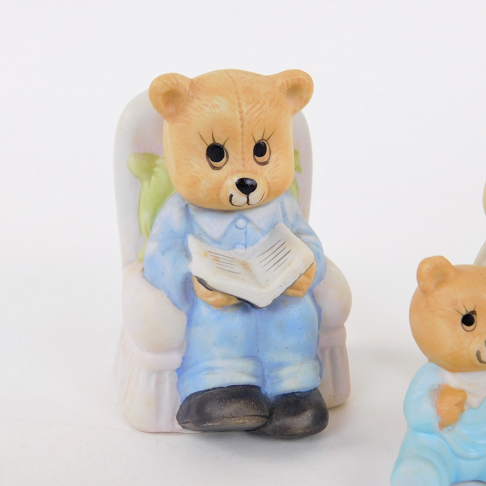 Family of 4 Porcelain Teddy Bears Taiwan Papa Bear in Chair Mama has Dinner