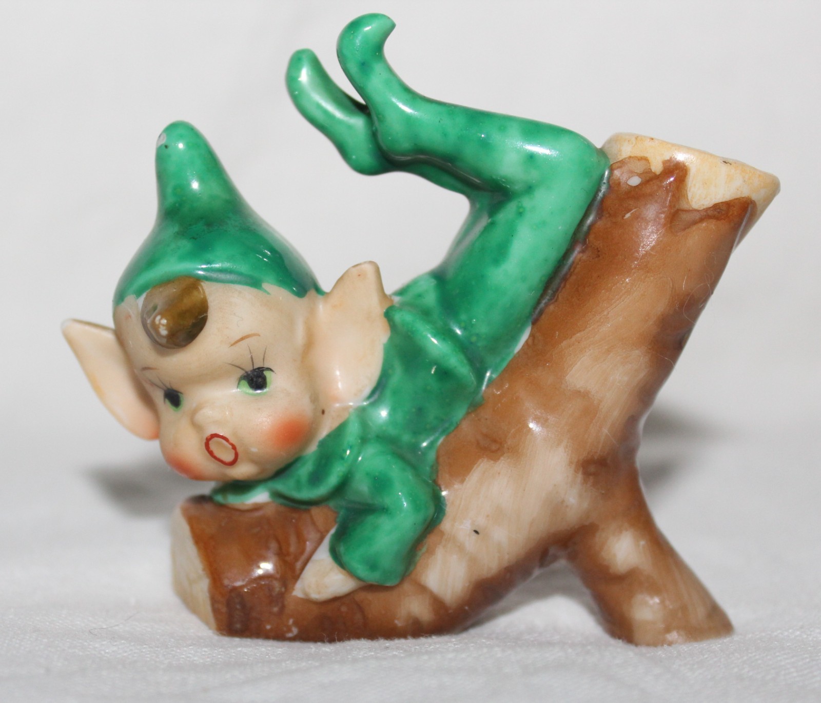 Vintage Green Pixie Elf on Log Ceramic Figurine Retro MCM Christmas Japan