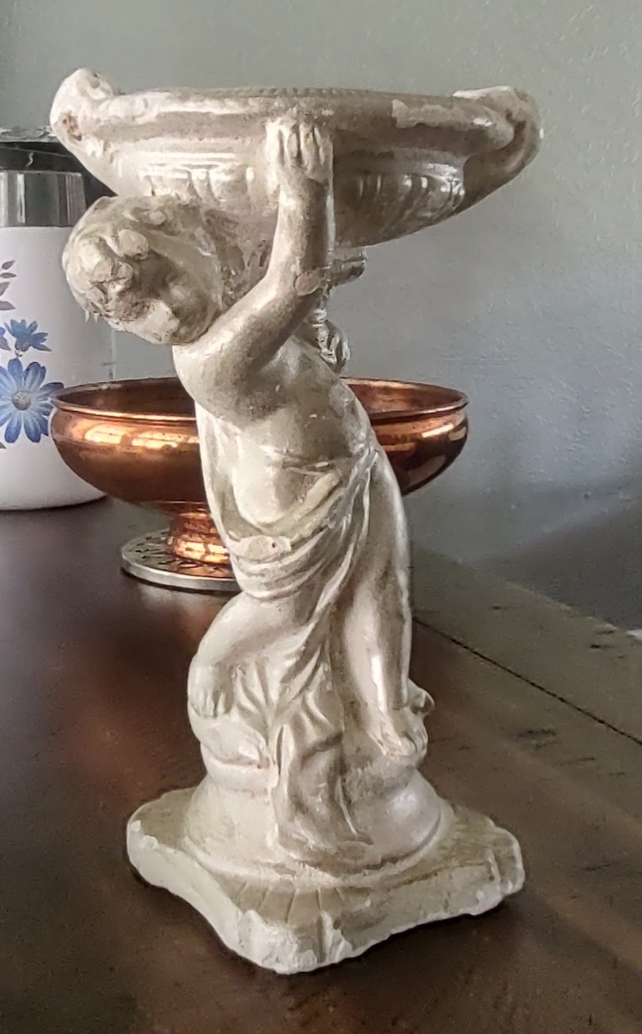 Vintage Chalkware Cherub with Pedestal Bowl Statue 1940s Shabby Chic 8.5 inches