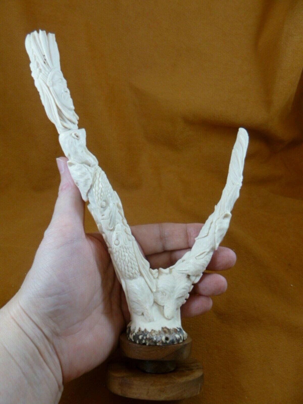 (Native-1) Native American face wolf shed moose antler figurine detailed carving