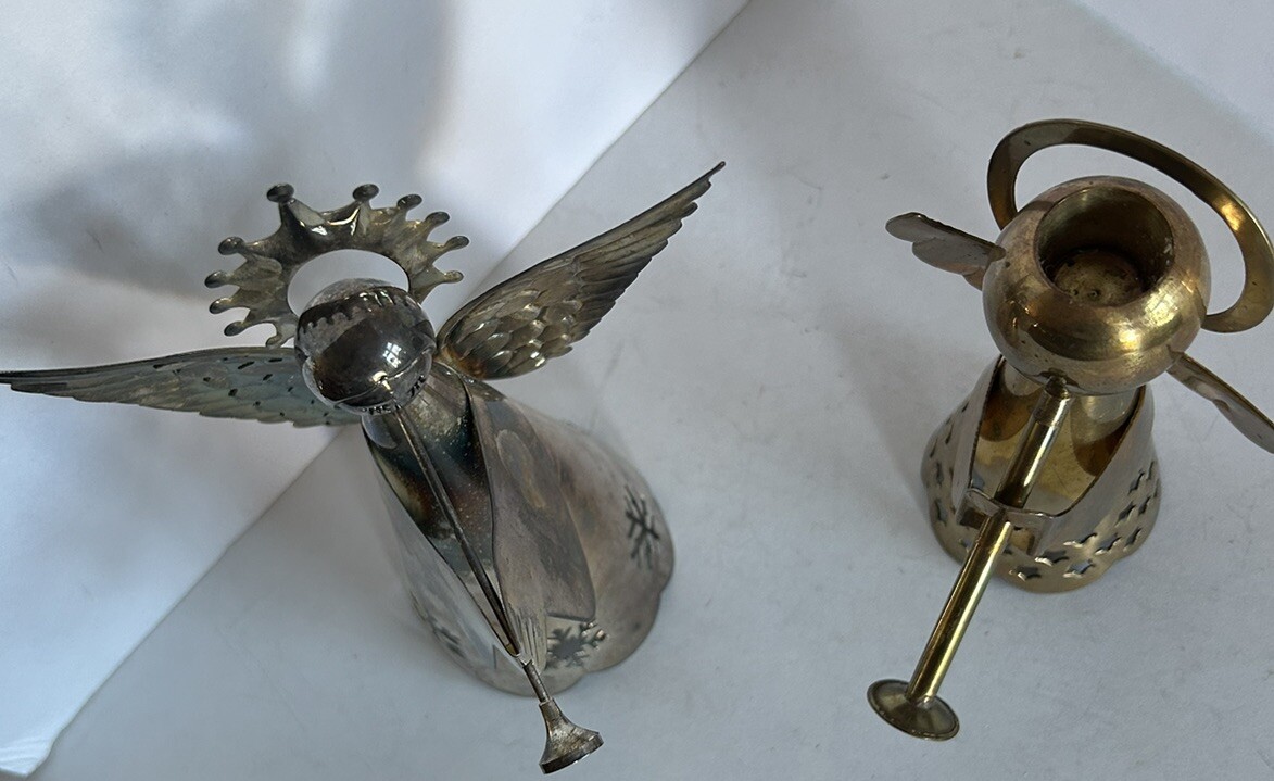 2 Metal Christmas Angel Figurines Playing Horns 6” Brass 7” Silver Plated