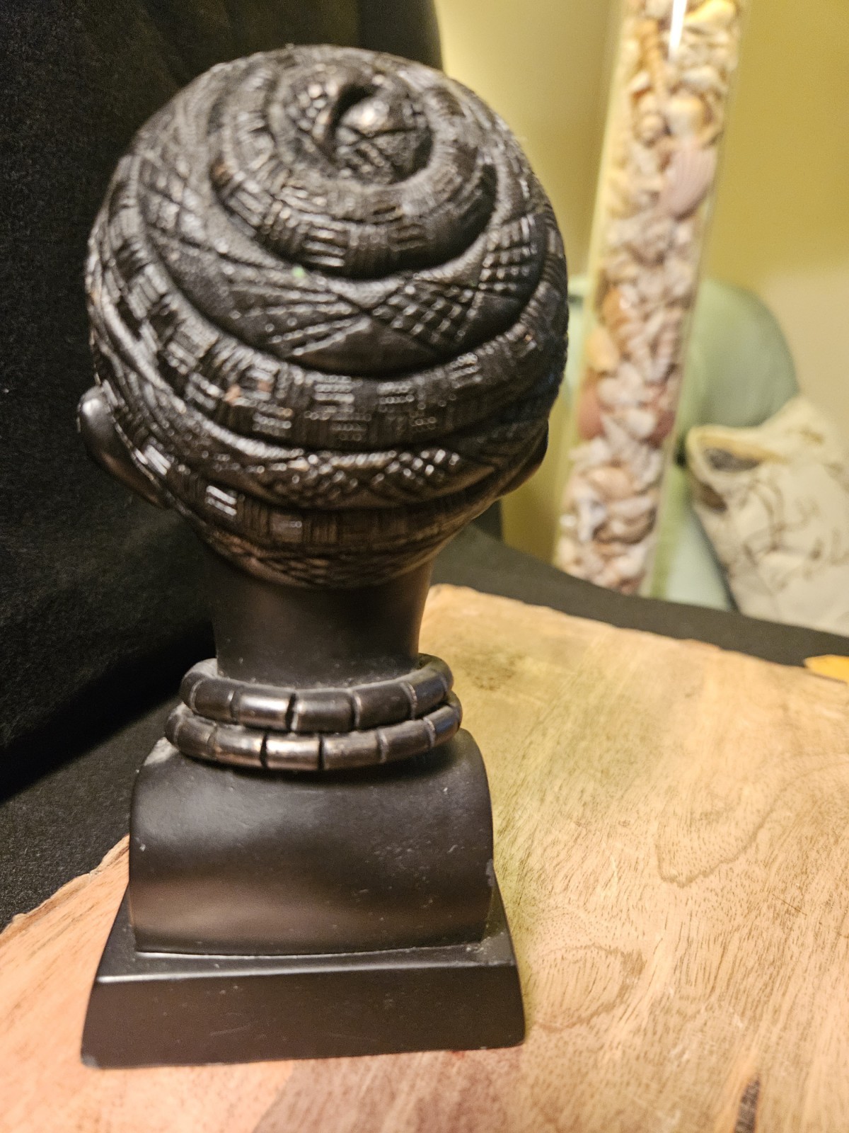African Woman Bust Figurine Matte Black Textured Resin Sculpture 3in Square Base