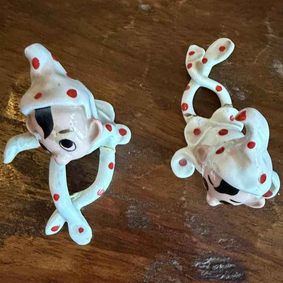 Set of 2 Small Ceramic Hand Painted Glossy Clown Figurines White Red Polka