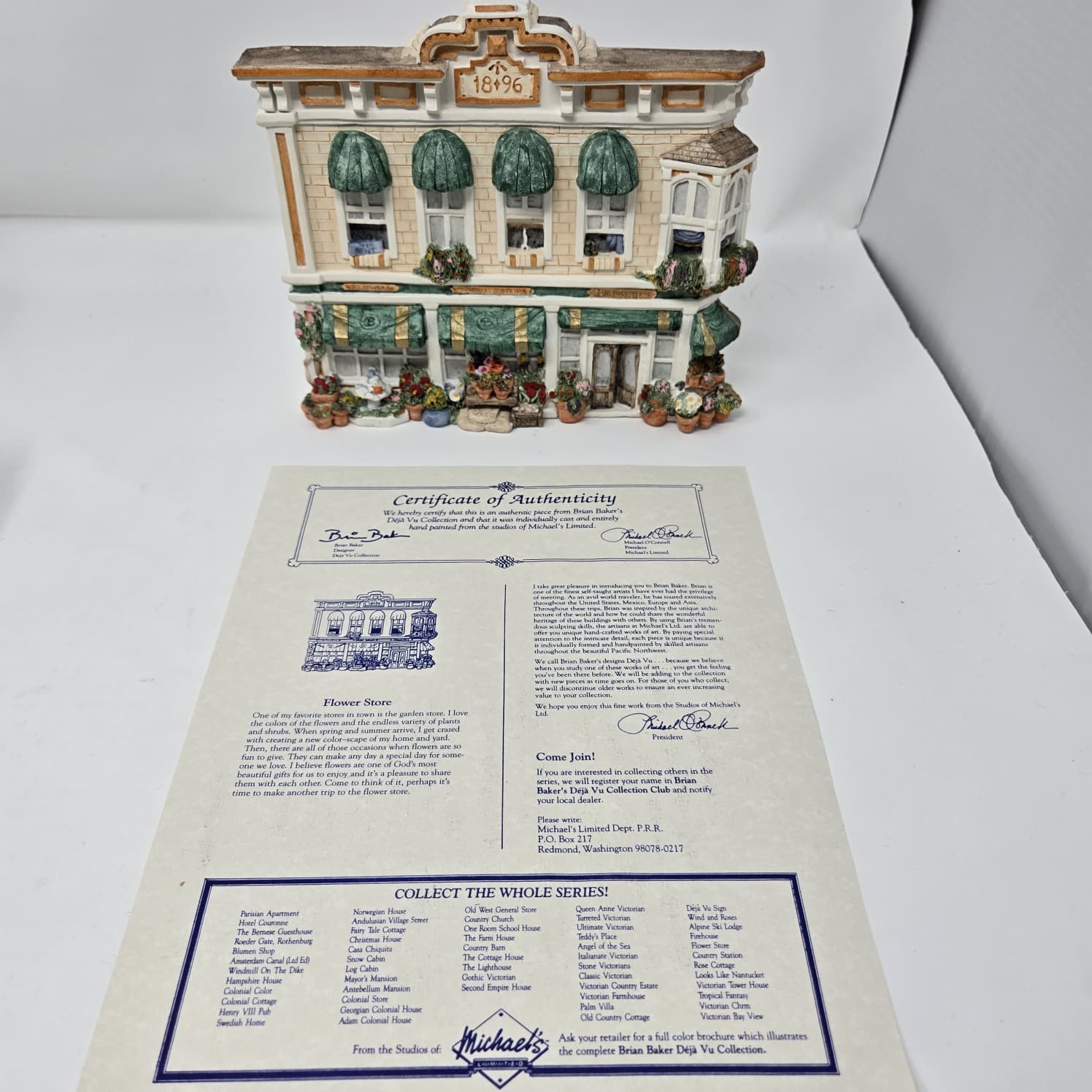 Vintage Brian Baker’s Deja Vu Coll. Wall Decor – “Flower Store”#1145 /w Box &COA