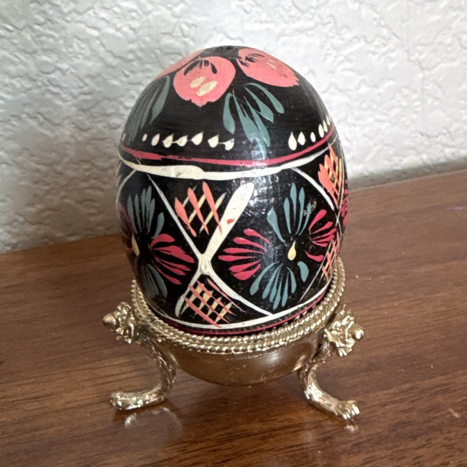 Collector Egg Figurine Trinket Box, Painted Black Floral, Metal Stand, 1 Pack