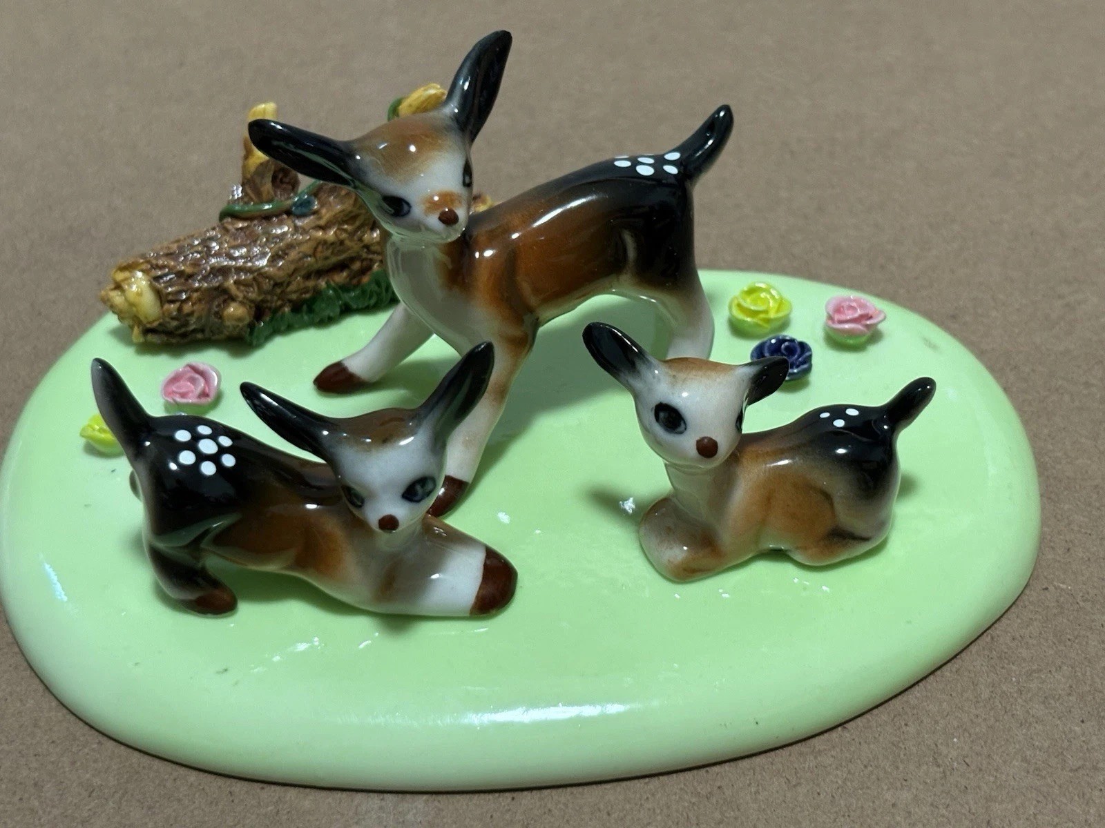 Vintage Porcelain Mid Century Deer Family With Forest Floor Platform-NIB