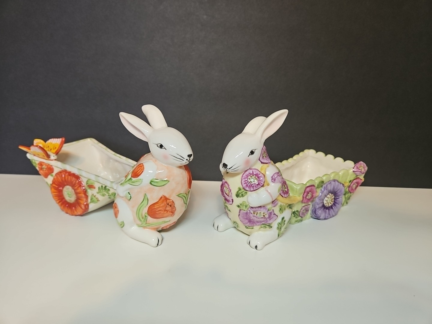 2 VILLEROY & BOCH 1748 Bunny Rabbit Pulling Cart Easter Decor Butterfly Poppy
