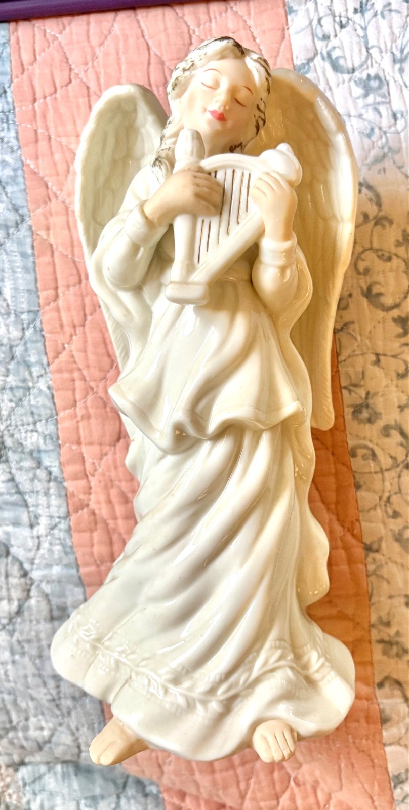 Angel Playing Harp Porcelain Candleholder Figurine 8.5 in
