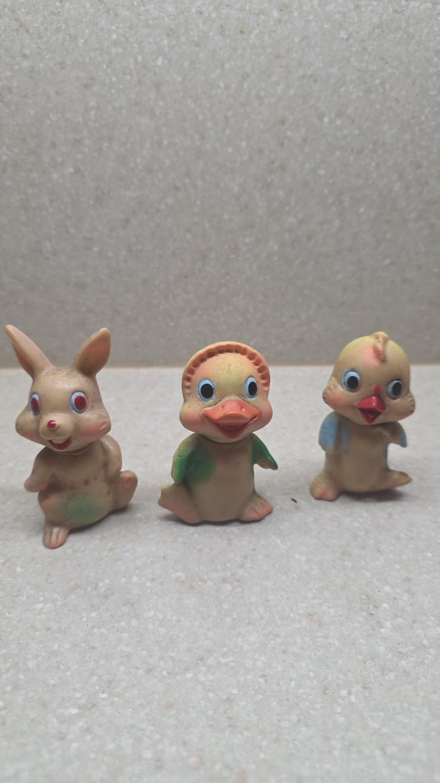 Vintage 1950s Rubber Animal Figurines Set of 3 Duck Rabbit Chick Multicolor