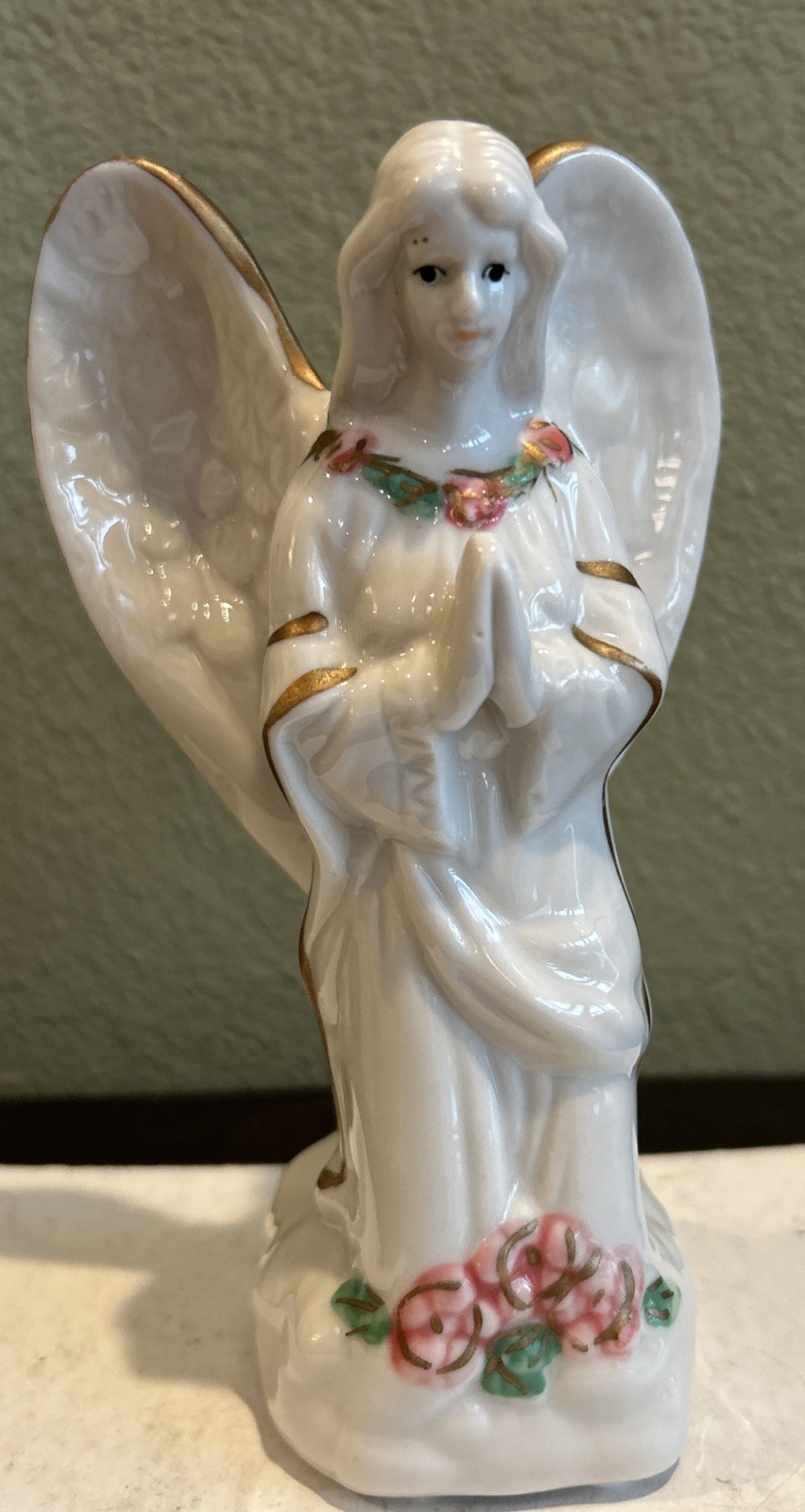 Vintage Ceramic 6.25 In hand painted gold trim Angel Figurine