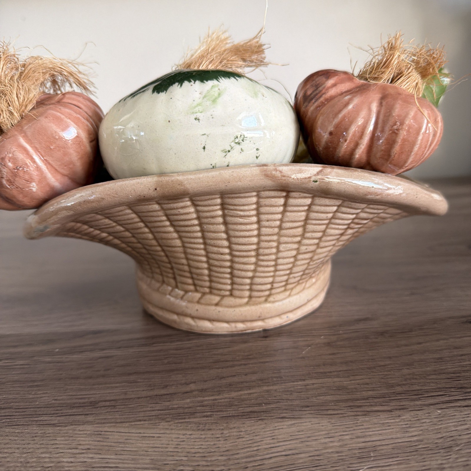 Vintage Hand Painted Ceramic Vegetables in a Bowl Centerpiece 11″ Basket Weave