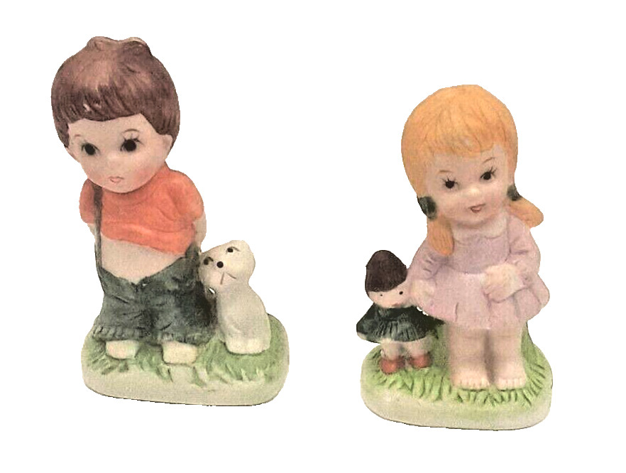 Pair Of Vintage Boy Overalls Cat Belly AND Girl With Doll Barefoot Blond