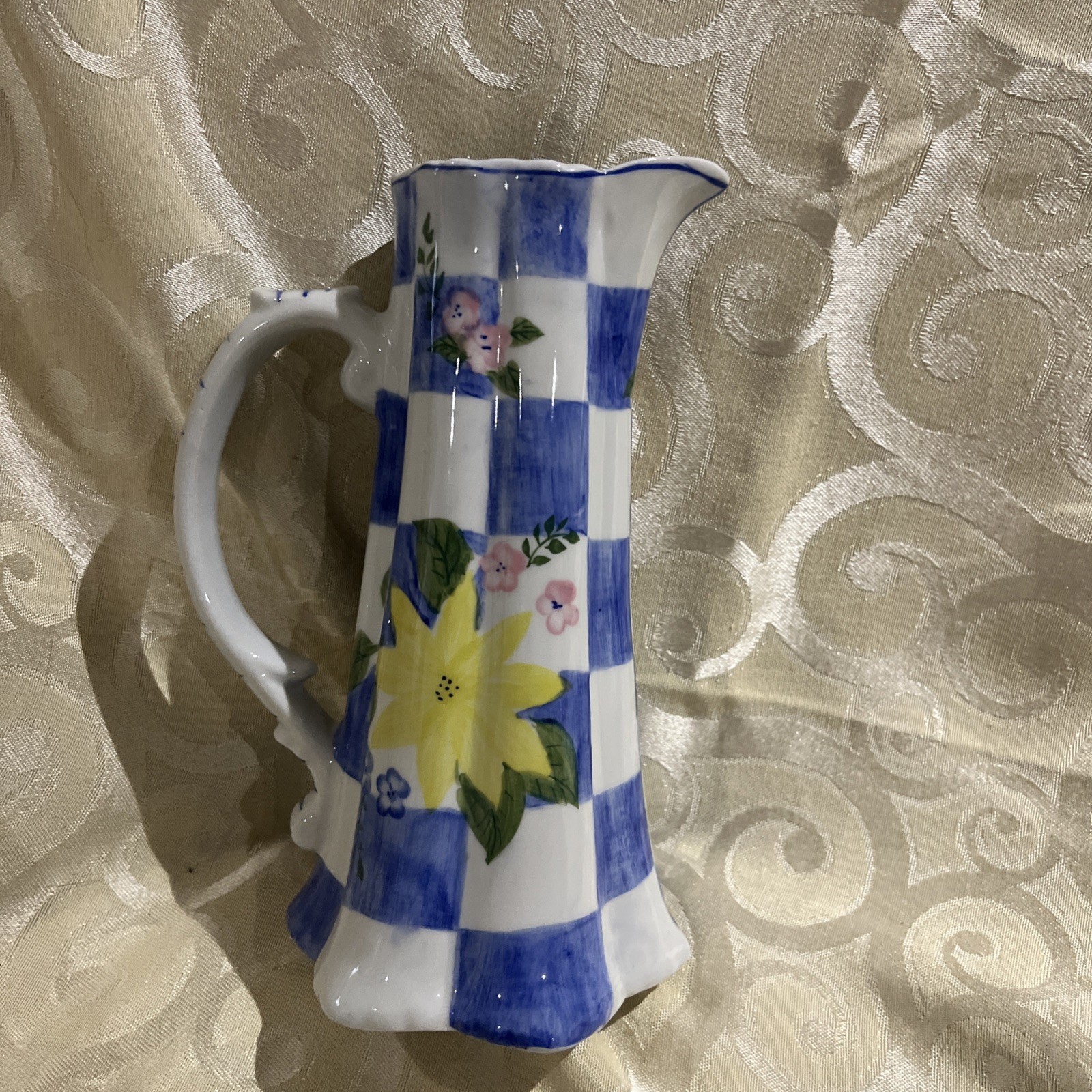 Andrea By Sadek Porcelain Blue/White Checkered Floral Tall Pitcher 8″