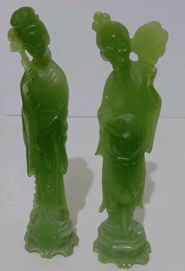 Wony Italy Faux Jade Man And Woman Figurines 8 IN High Holding Flowers? Vintage
